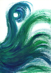 An expressive abstract image executed with thick, broad brushstrokes of paint. The composition is dominated by large, curved forms reminiscent of waves, a whirlpool, or seaweed. 