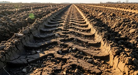 Tractor tire tracks in a freshly plowed agricultural field under a clear sky.