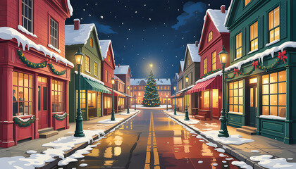 A festive small town street glows with warm lights as snow falls gently colorful buildings are decorated with wreaths and a large Christmas tree shines in the center of the scene