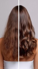 Fototapeta premium Before and after hair care. Comparison of dry, damaged, and frizzy hair with smooth, shiny, and healthy hair after treatment. Curly Girl Method. 