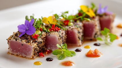 Freshly prepared tuna cubes garnished with vibrant flowers and herbs on a stylish plate for a gourmet dining experience