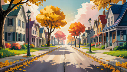 A peaceful suburban street lined with colorful houses and vibrant autumn trees golden sunlight streams through the branches while fallen leaves decorate the quiet neighborhood scene