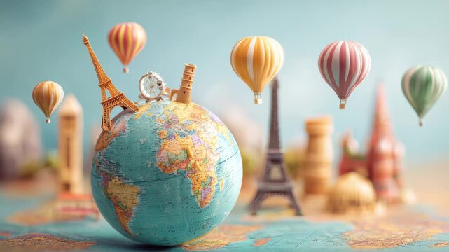 Colorful hot air balloons float above a globe adorned with famous landmarks in a creative travel-themed setting