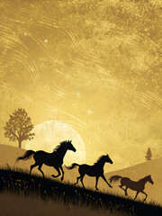 Elegant vector background with galloping horse silhouettes, gold foil texture, and copy space.