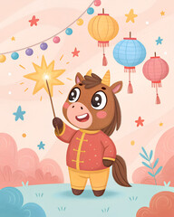 Cute cartoon horse with firecrackers and lanterns, pastel New Year greeting card background.