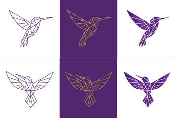 Elegant geometric hummingbird logo set in gold and purple tones. Perfect for premium branding, beauty salons, spas, wellness centers, boutiques, and luxury hotels looking for a modern, refined identit