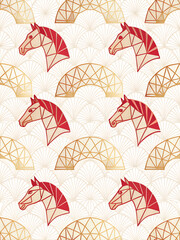 Minimalist seamless pattern with geometric horse shapes and subtle red/gold gradient.