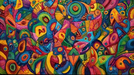 Vivid colors intertwine in an abstract design showcasing playful forms and dynamic energy throughout.