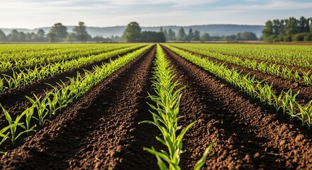 Young Corn Field Rows Under a Bright Sky.
