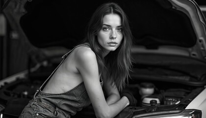 Beautiful young woman mechanic in denim overalls leans on open car engine bay. Looks with serious, confident, determined expression directly into camera lens. Female auto technician performs pro car