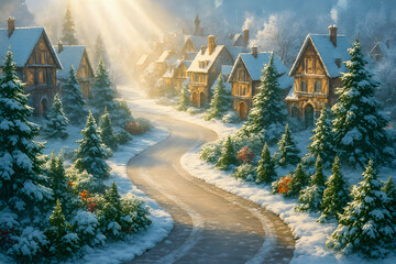Sunlight streams through snowy pine trees onto a winding road lined with wooden cottages in a peaceful winter village vibrant bushes add color to the magical serene landscape