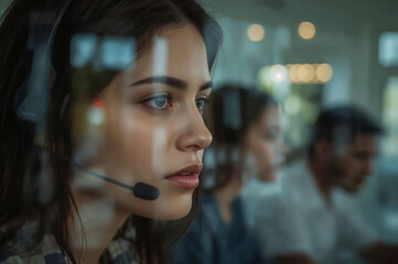 Attentive call center agent helps customers with focused glazed