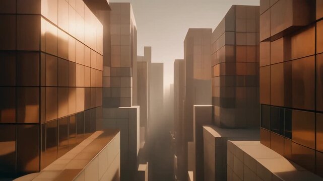 Abstract golden geometric buildings under a hazy light, suitable for architectural and abstract design concepts, brochures, and editorial layouts.