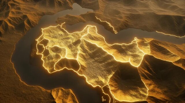 Illuminated golden land mass resembling turkey on a map, suitable for travel brochures, geography textbooks, cultural presentations, and educational websites.