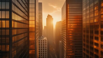 Golden sunlight illuminates towering buildings in an urban cityscape. Perfect for city guides, travel blogs, real estate ads, and architectural websites.
