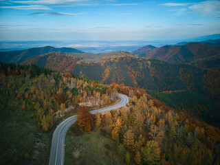 Aerial view of a winding road cutting through vibrant autumn forest hills under a blue sky. Serene mountain landscape captures nature's colorful beauty.