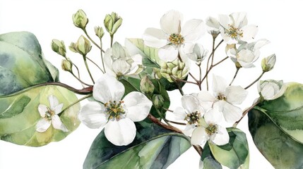 Fototapeta premium Delicate white flowers open on a lush branch showcasing natures beauty in a vibrant spring setting.