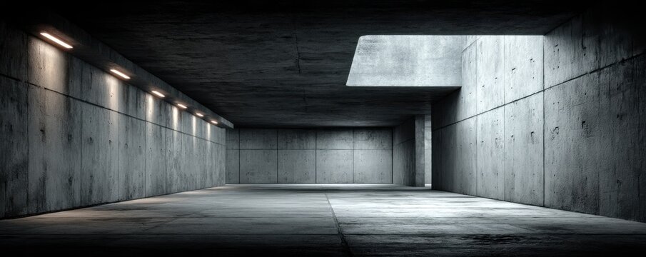 Dark, empty concrete room with industrial lighting and stark, moody atmosphere