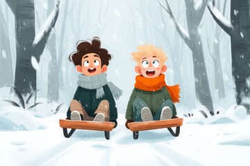 Children having fun during winter Christmas holidays in vector graphic style