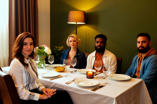 Group of young adult multiethnic friends sitting at dining table preparing for meal, looking toward camera with neutral expressions, table set with plates, glasses, candle and flowers - Powered by Adobe