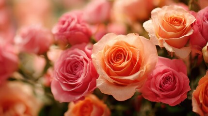 Fototapeta premium A beautiful display of pink and orange roses fills the garden with color and fragrance as spring arrives.