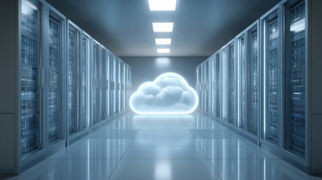 A bright server room features rows of servers with a glowing cloud symbolizing digital storage solutions.