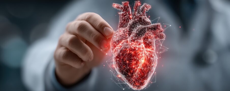 Doctor holds a holographic heart model with digital connections in a futuristic medical scene