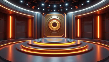 Futuristic sport studio design with stage for presentation. Modern interior with stage for sport events. Digital arena with bright lights. Broadcast setup with round stage.