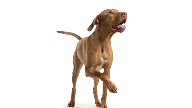 Alert vizsla dog lifting front paw, curious gaze, studio shot