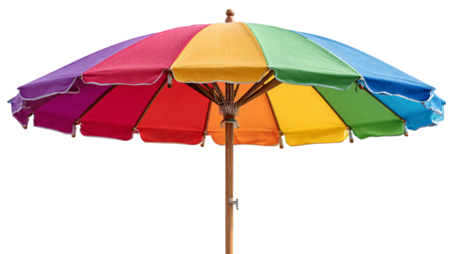 Vibrant rainbow beach umbrella with water droplets on its fabric - Powered by Adobe