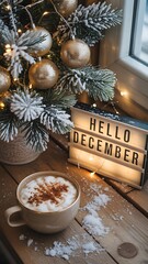 Cozy winter scene with hot drink and Christmas decorations indoor