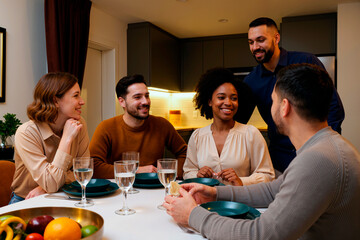 Group of young adult multiethnic friends sitting around dining table smiling and talking, enjoying meal together in modern kitchen, four people seated with one man standing
