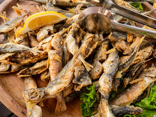 fried local Black Sea red mullet fishes closeup