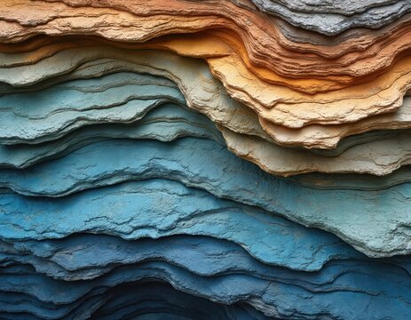 Colorful stacked rock layers display geological strata. Natural formation shows erosion patterns in earthy tones, blues. Abstract textured background offers organic design with deep curves, lines.