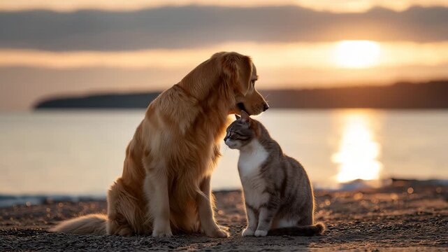 Golden Retriever dog and tabby cat sitting together on a pebble beach at sunset with warm golden 4k video