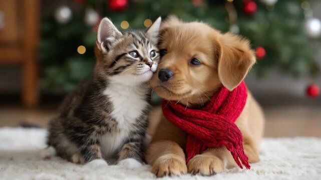 Adorable kitten and puppy snuggling together with festive Christmas tree bokeh background 4k video