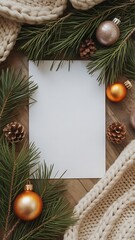 Festive flat lay with blank card and Christmas decorations elements