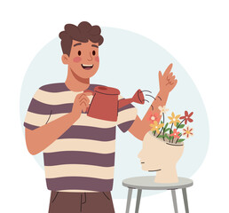 Man Watering Flowers in Head Pot, Mental Health.