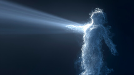 A human silhouette made of smoke rising with a beam of light, symbolizing the soul leaving the body in spiritual ascension