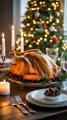 Festive Thanksgiving Turkey Dinner with Candles and Christmas Tree