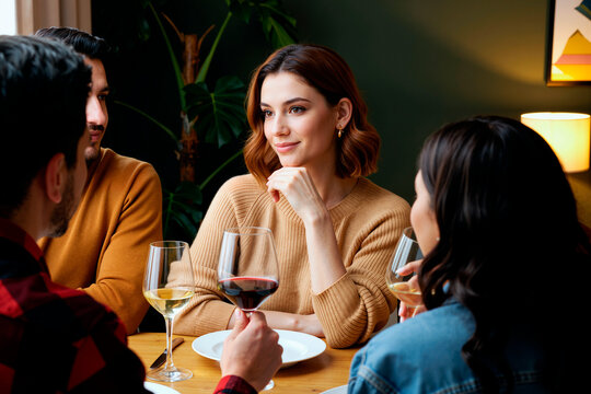 Caucasian young adult woman sitting at table with three friends, engaging in conversation while holding wine glass, surrounded by diverse group of young adults socializing indoors
