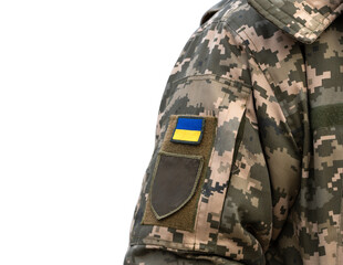 Fototapeta premium Ukrainian soldier in the army and flag, coat of arms with a golden trident on a military uniform isolated transparent or white background. Armed Forces of Ukraine.