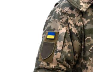 Ukrainian soldier in the army and flag, coat of arms with a golden trident on a military uniform isolated transparent or white background. Armed Forces of Ukraine.