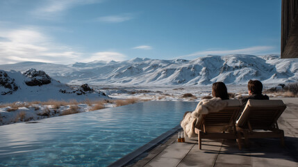 A couple on the lake resort hotel spa, poolside villa, relaxing vacation, winter trip, traveling, honeymoon,babymoon, 