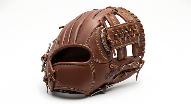 A brown leather baseball glove with intricate stitching and a woven web on a white background ai generated