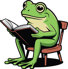 A whimsical cartoon illustration of a happy green frog sitting upright in a wooden chair and engrossed in reading an open book