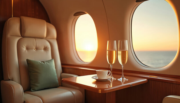 Luxury jet interior with plush seat, two champagne flutes, and coffee cup near window showing sunset over ocean. Upscale travel, private jet comfort, elegance and relaxation aboard aircraft. - Powered by Adobe