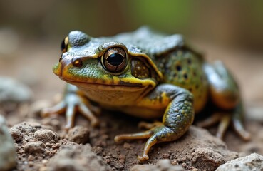 Fototapeta premium Close up photo shows a common midwife toad on the ground. Amphibian with green and yellow skin. The frog looks forward with big eyes. The background is blurred.