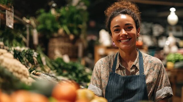 Young woman enjoys her work at a vibrant market filled with fresh produce in an urban setting