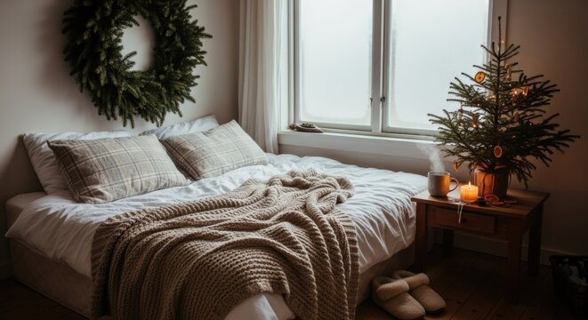 Cozy bedroom on Christmas morning with soft natural light, pine wreath above bed, small tree with dried oranges, plaid pillows, wool blanket, and steaming mug on wooden nightstand